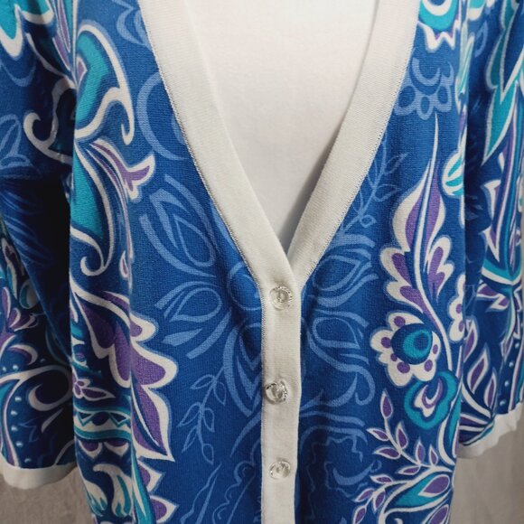 Bob Mackie, 1X Cardigan, Blue Floral Print, 3/4 Sleeve, V Neck, Button Down - Picture 8 of 16